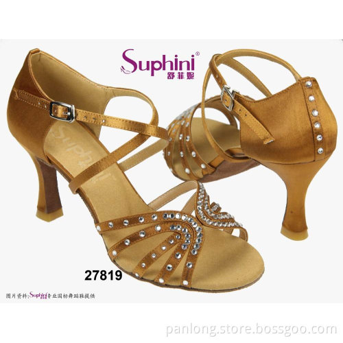 Suphini Deep Tan Satin Crystal Competition Latin Dance Shoes